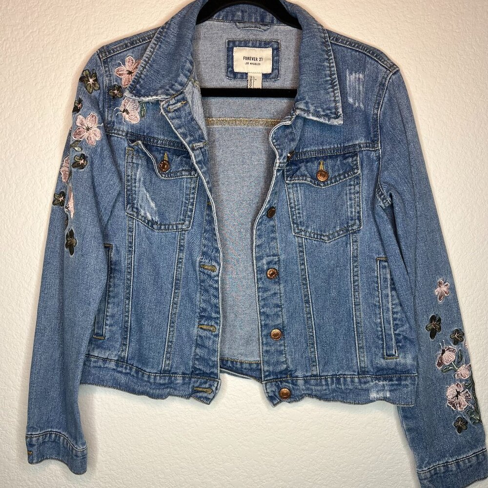 Forever21 Blue Embroidered Floral Jean Jacket